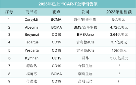 各大CAR-T疗法2023年销售业绩